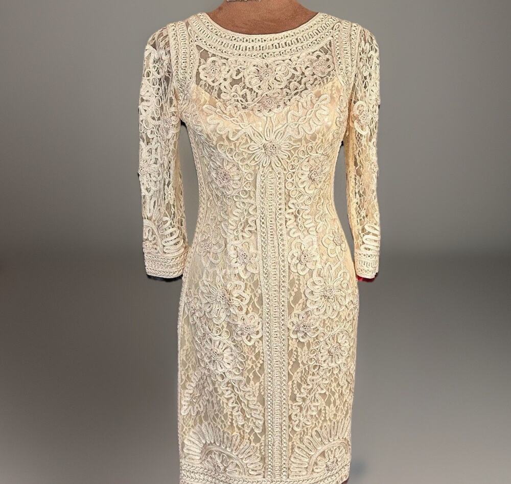 VTG Sue Wong Nocturne Soutache Lace Illusion Sheath Dress Cream Vampy Fairy 0 XS
